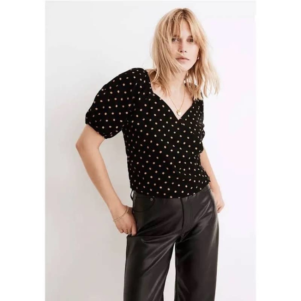 Madewell Corduroy Puff-Sleeve Wrap Top Polka Dot Pinup Size S Retro